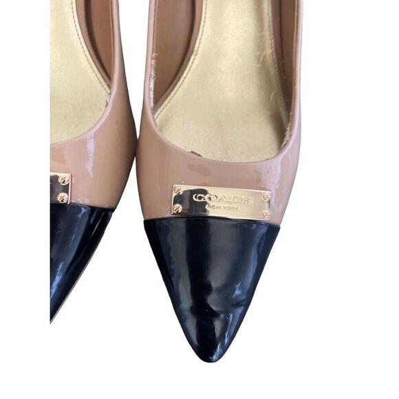 Coach NY Gold plated black tan pointy toe heels patent leather Size 10B Office - Picture 3 of 12